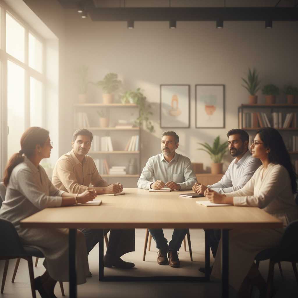 Teachers meeting and discussing students